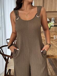 Weeklong 2026 Frühling Sommer Damen Große Größen einfarbiger Strick Romper ohne Ärmel, O-Ring Träger weite Beine lässige Loungewear Jumpsuit für Alltag & Zuhause - Kaffeebraun - Übersicht 4