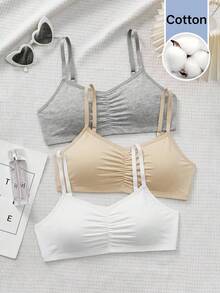 Girlism Teen Girls Bras And Bralettes 3 Pieces Set, All-Season Commute, Simple Comfortable Ruched Design With Padding, Adjustable Straps, Skin-Friendly, Push-Up, Backless Lingerie - Multicolor - View 3