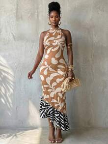 BamGlimmer Women's Zebra Print Fishtail Hem Fitted Elegant Halter Neck Long Dress - Multicolor - View 2