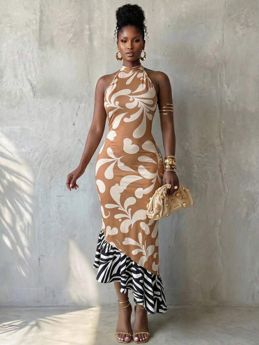 BamGlimmer Women's Zebra Print Fishtail Hem Fitted Elegant Halter Neck Long Dress