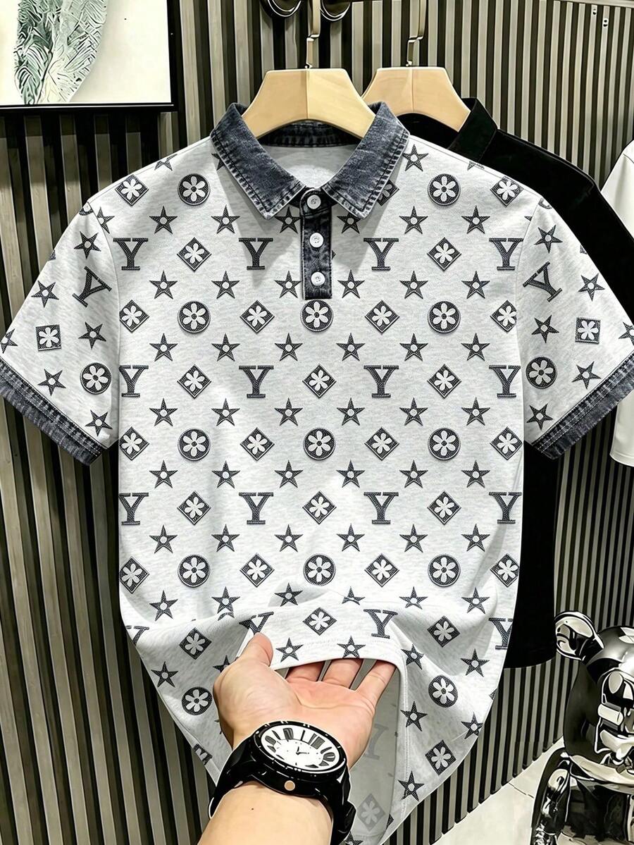Manfinity Hypemode 美式復古仿牛仔星形字母字母印花 Polo 衫，奢華做舊仿牛仔襯衫，男女款圖案 T 恤，夏季休閒度假短袖上衣 - 彩色 - 查看 1
