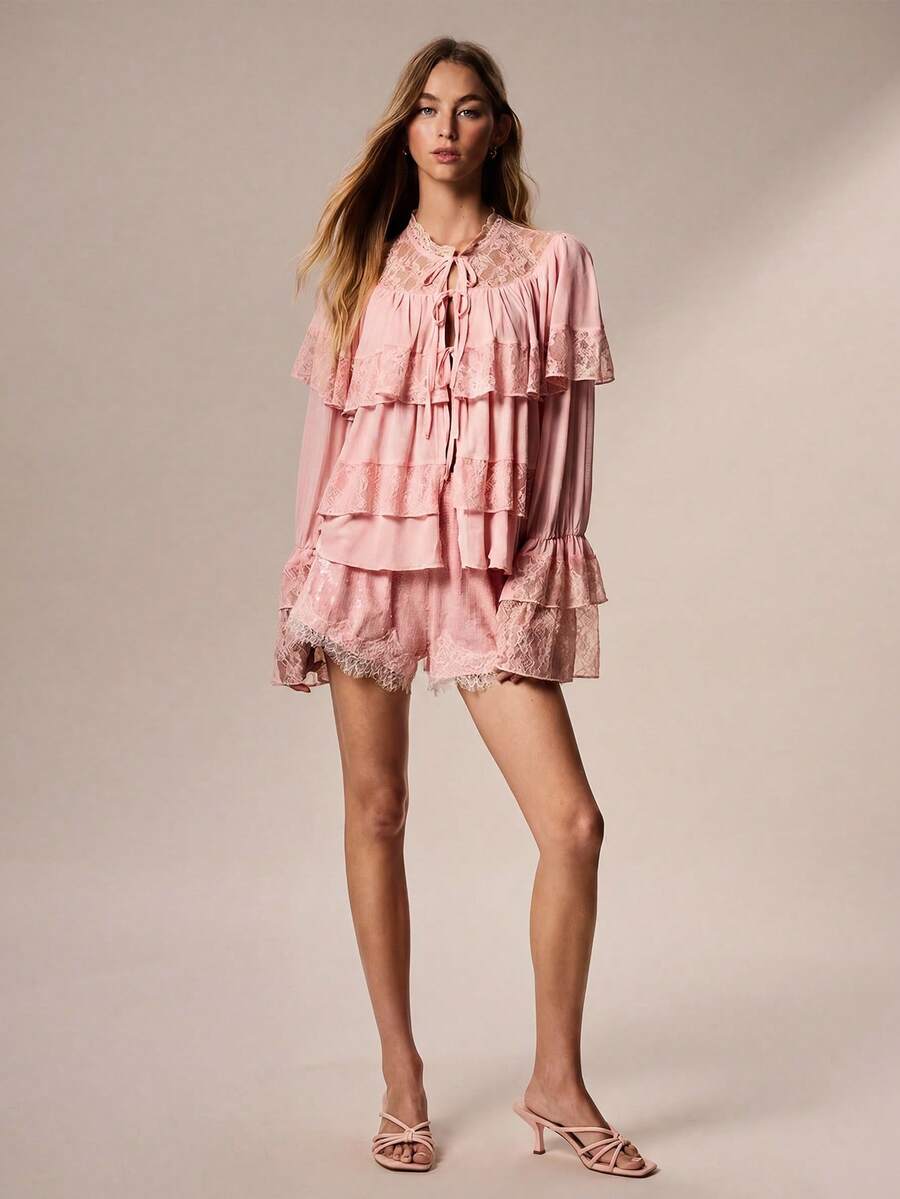 Willow Rêve Women's Pink Lace Trim Chiffon Ruffle Blouse, Romantic Vacation Style, Boho Style, Valentine's Day - Pink - View 1
