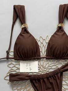 Elavelle Setelan Baju Renang Dua Potong Wanita Musim Panas untuk Pantai, Bikini dan Celana Dalam Segitiga dengan Dekorasi Logam Warna Polos - Hitam - View 4