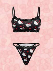 HELLO KITTY AND FRIENDS | SHEIN Cartoon Print Bra And Panty Set - Black - View 1