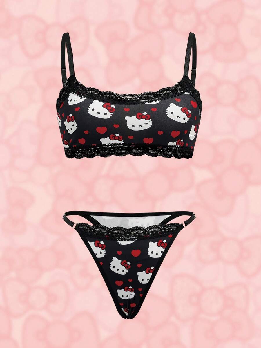 HELLO KITTY AND FRIENDS | SHEIN Cartoon Print Bra And Panty Set - Black - View 1