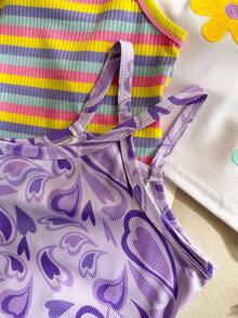 SHEIN Genkimix Kids 4件/組 女童青少年時尚簡約彩色條紋貼身背心、紫色心形交叉領貼身背心、粉色與白色無袖貼身背心套裝 - 彩色 - 查看 4