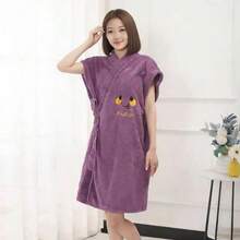 Women Thickened Coral Fleece Bath Robe, Cross Tie Long Sleeve Bath Dress, Soft Loungewear Robe With Towel For Bathroom Bedroom Living Room - Multicolor - View 9