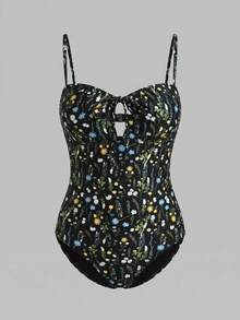 Sweetra CURVE Traje de baño de una pieza con lazo delantero y estampado floral bohemio para mujer, verano 2026, nueva moda para vacaciones y playa - Multicolor - Ver 1
