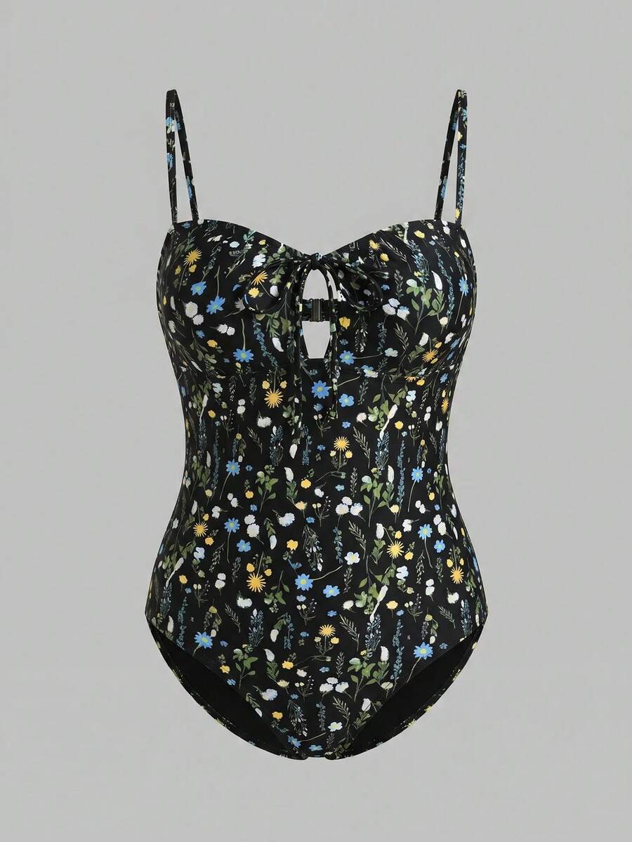 Sweetra CURVE Traje de baño de una pieza con lazo delantero y estampado floral bohemio para mujer, verano 2026, nueva moda para vacaciones y playa - Multicolor - Ver 1