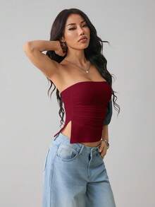 SHEIN PETITE Top bandeau sin espalda con abertura lateral para mujer - Burdeos - Ver 5