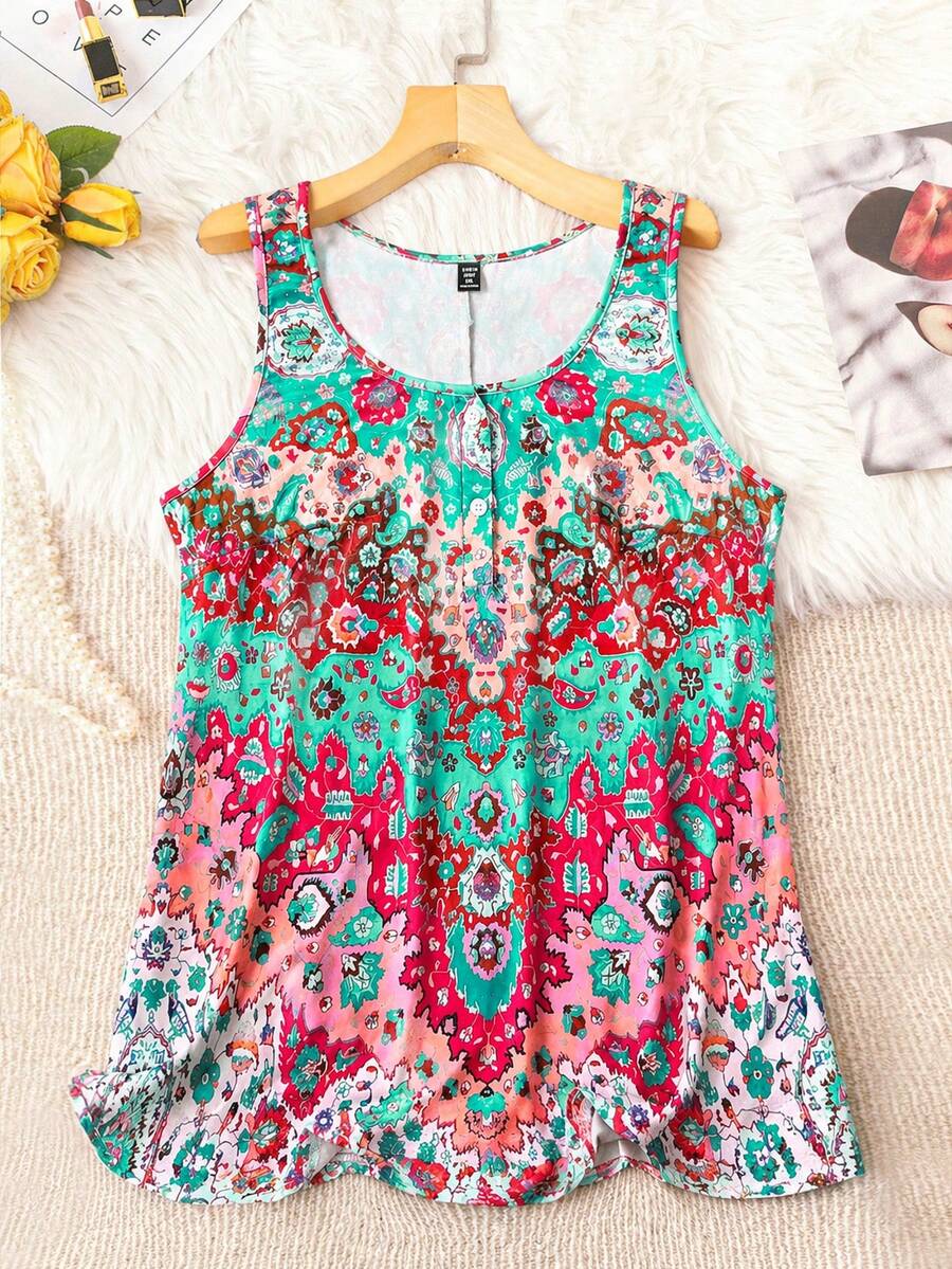Linhara Camiseta sin mangas de cuello redondo con estampado, para salidas casuales de verano, camisetas gráficas para mujer, tallas grandes - Multicolor - Ver 1