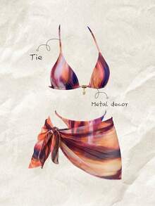 Elavelle Conjunto de bikini de 3 piezas con falda de cuello halter y estampado aleatorio para mujer, primavera/verano - Multicolor - Ver 1
