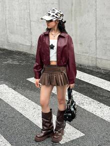 SHEIN 青少年女孩酒紅色翻領純色PU皮革短版休閒夾克，酷帥街頭風運動騎行拉鍊外套，百搭開學穿搭外套 - 酒紅色 - 查看 3