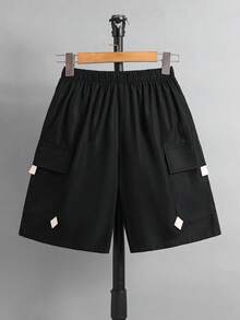 SHEIN 兒童青少年男孩休閒日常舒適貼布口袋寬鬆素色梭織短褲 - 黑色 - 查看 4