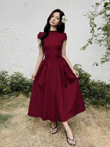 SHEIN 青少年女孩休閒極簡舒適收腰純色長洋裝 - 酒紅色 - 查看 6