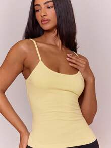 MUSERA ESSENTIALS Cotton Blended Strappy Fitted Scoop Neck Longline Tank Vest Top Spring Summer Holiday Everyday Cute Daily Basics Simple Essential - Yellow - View 2