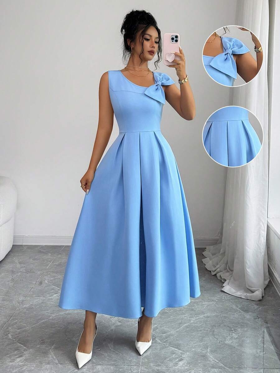 Elenzga Women's Fashion New Sleeveless V-Neck Big Bow Decor Zipper Knee-Length Elegant Dress, Suitable For Daily Wear, Date, Party, Back To School, Birthday, Valentine's Day, Graduation, Banquet - Blue - View 1