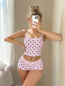 Sweetina 2pcs Lace Bow Patchwork Teddy Bear Print Ultra Low Waist Mini Shorts Set Lounge Pink And Black Polka Dot Summer Cute - Pink - View 3
