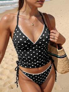 Swim Mod Summer Sweet Cherry Plaid Tank Bikini Set - Black and White - View 5