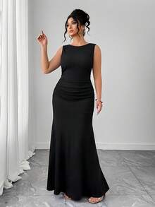 SHEIN Clasi Women's Elegant Formal Dress, Sleeveless Round Neck A-Line Silhouette, Ruched Waist Design, Solid Color Knit Fabric Cocktail Black Summer Evening - Black - View 3
