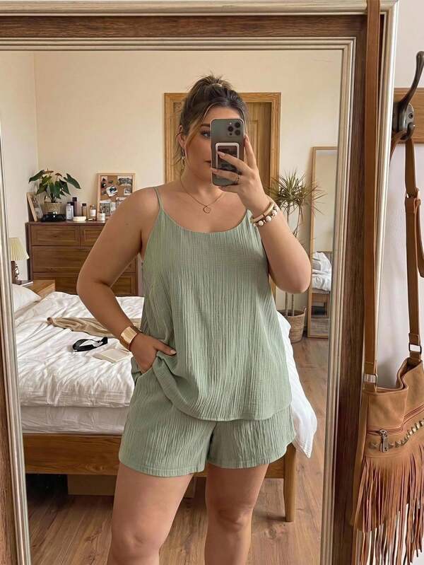 SHEIN CURVE+ Women's Plus Size Single Breasted Vest And Shorts Casual 2 Pieces Set, Plus Size Summer Set