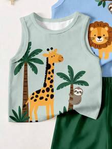 Baby Boy Casual Minimalist Tank Tops 3pcs Set For Summer, Classic Cute Cartoon Giraffe Print, Handsome Lion, Little Bear Print, Palm Tree Print, Suitable For Vacation - Multicolor - View 3