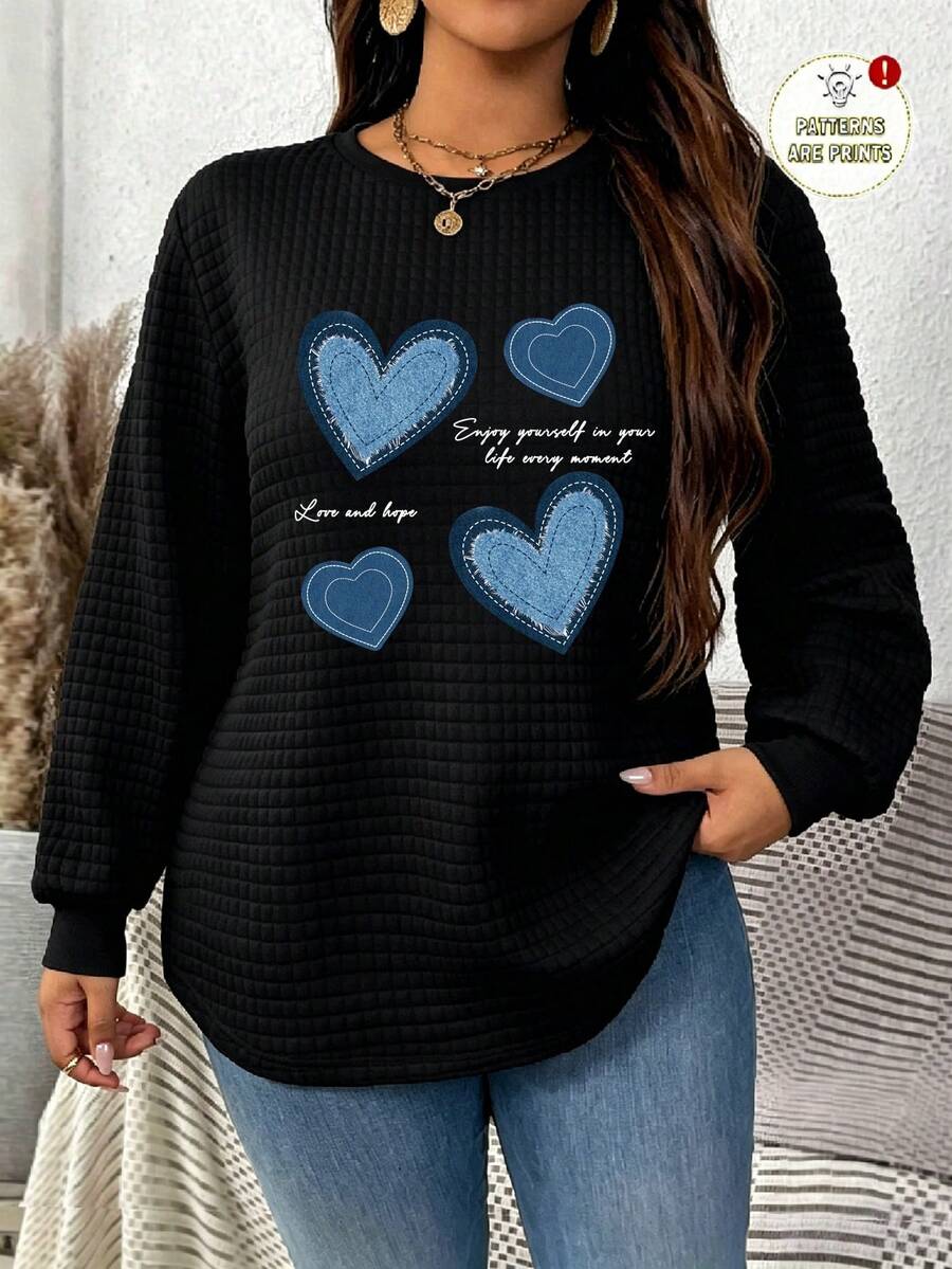 EMERY ROSE Autumn/Winter Round Neck Small Checkered Casual White Comfortable Sweatshirt With Curved Hem And Side Slit Design - Black - View 1