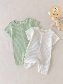 SHEIN Playful Pals 2件組新生女嬰連身衣 可愛蝴蝶結前襟 羅紋短袖連身褲 棉質 - 綠色 - 查看 8
