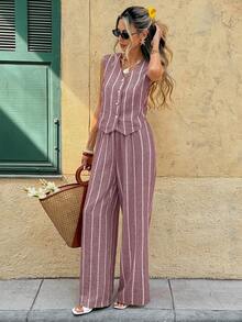 SHEIN Frenchy Women's White Single-Breasted Top And Pants Casual Daily 2 Pieces Set Vacation Summer - Purple - View 4