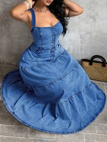 Sunnyshic Plus Size Women's Button Ruched Casual Daily Denim Dress - Blue - View 6