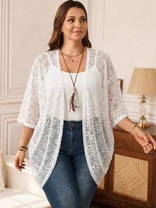 EMERY ROSE Cardigan de encaje de unicolor talla grande para uso casual en vacaciones - Blanco - Ver 4