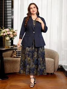 SHEIN Clasi Conjunto de chaqueta y vestido con estampado floral y patchwork en talla grande para otoño/invierno - Azul - Ver 5