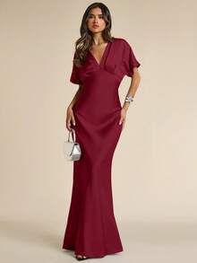 SHEIN BAE Robe élégante pour femme en satin bleu, col V profond, manches courtes, coupe sirène, printemps/été, robe de soirée, robe de cocktail, robe pour occasion formelle, robe de demoiselle d'honneur, robe pour fête d'anniversaire, robe de cocktail, robe bleue - Rouge foncé - Voir 1