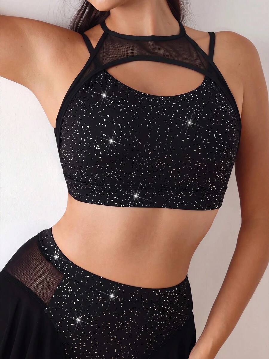 SHEIN Cheerettes 女士金属镂空时尚运动文胸 - 黑色 - 查看 1