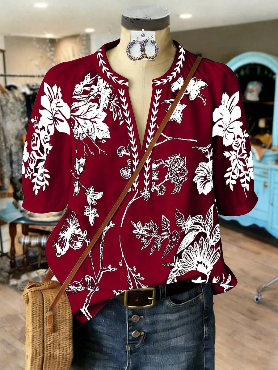Linhara Spring Summer Autumn Casual Boho Commute Vacation Mid-Sleeve Raglan Sleeve V-Neck Floral Plant Print Solid Color Plus Size Blouse Burgundy - Red - View 1