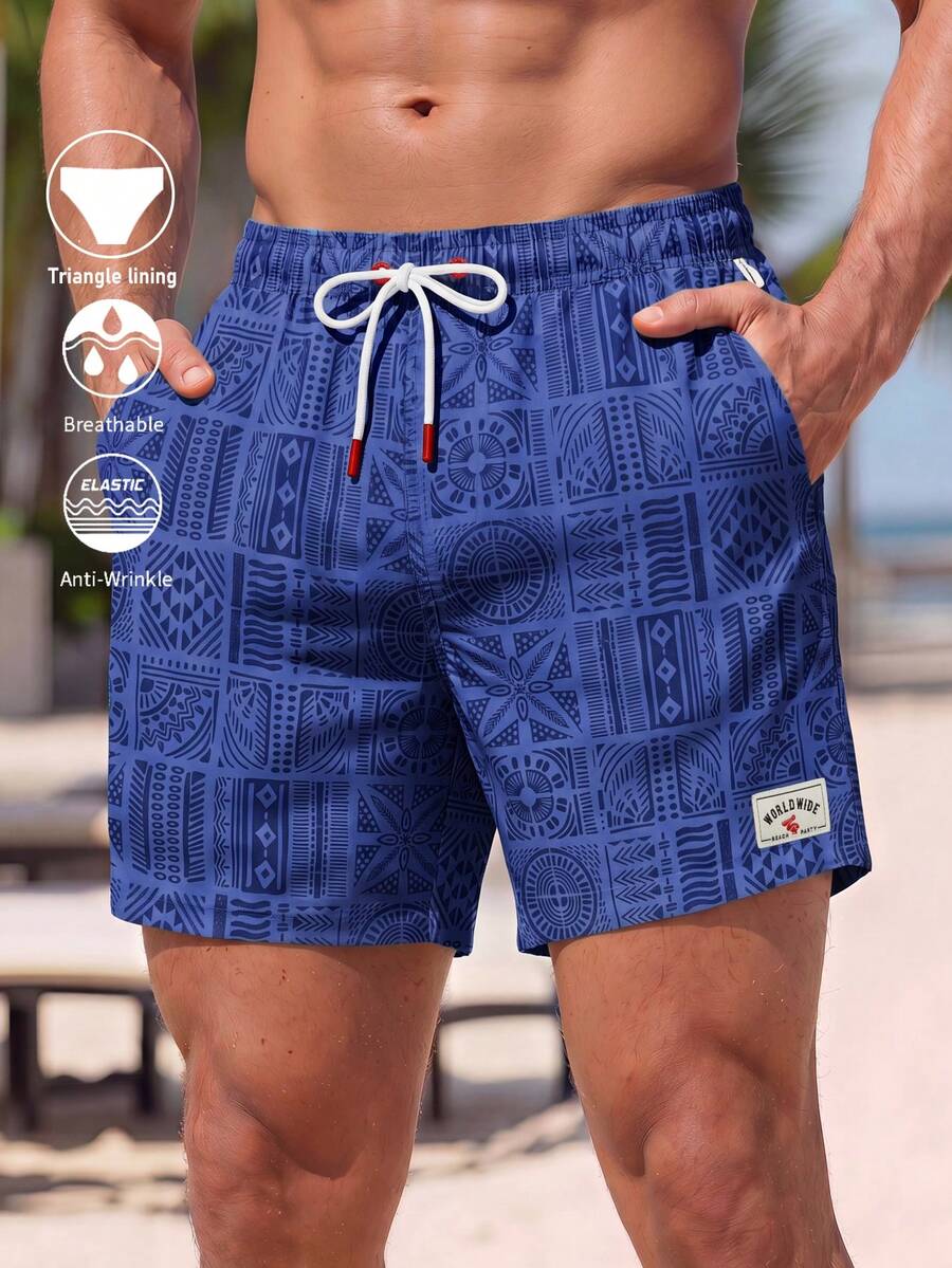 CoralVoy Pantalones cortos de playa con cordón, bolsillo con parche y patrón geométrico para hombres - Azul Marino - Ver 1