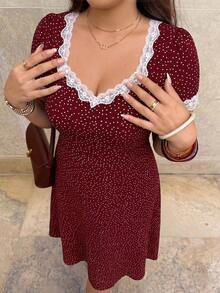 Breezaya Women's Summer Elegant 1960s Commuter Casual French Vintage Navy Blue Polka Dot Print Square Neck Short Sleeve Lace Trim Fitted Waist Slimming Dress - Red - View 3