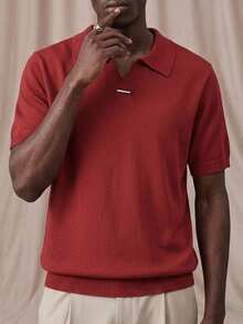 Vientiro Men's Solid Color V-Neck Fashion Knit Short Sleeve Top - Red - View 2