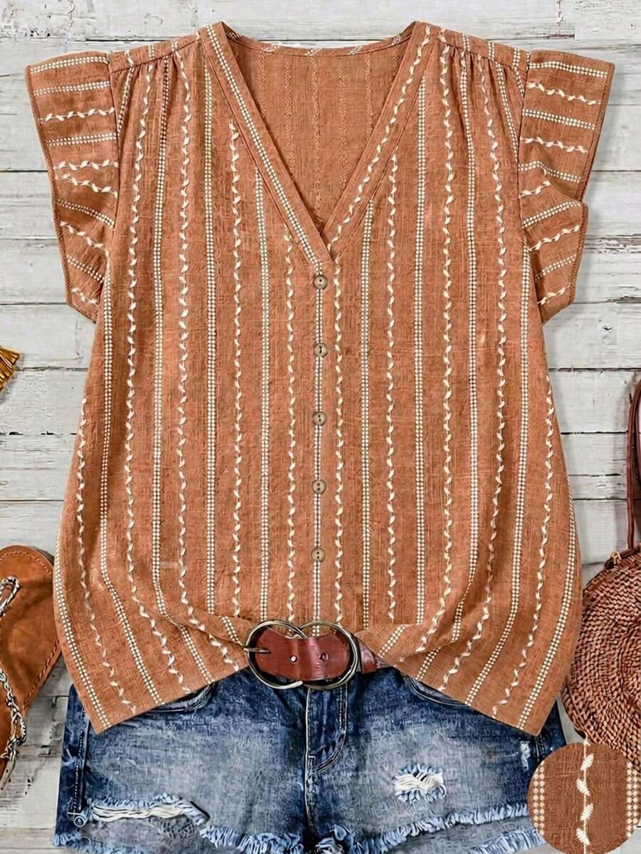 SHEIN LUNE Plus Size Brown Striped Textured Ruffle Hem Shirt,Boho Summer Vacation Holiday Minimalist Casual Versatile Beach Graduation Brunch Elegant Outfit - Multicolor - View 1