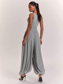 SHEIN BAE Women's Casual Commute Square Round Neck Minimalist Lantern Ruched Grey Marled Lantern Jumpsuit, Suitable For Casual Commute, Daily Wear, Casual Outing, Grey Lantern Pants, Grey Marled Lantern Pants - Grey - View 2