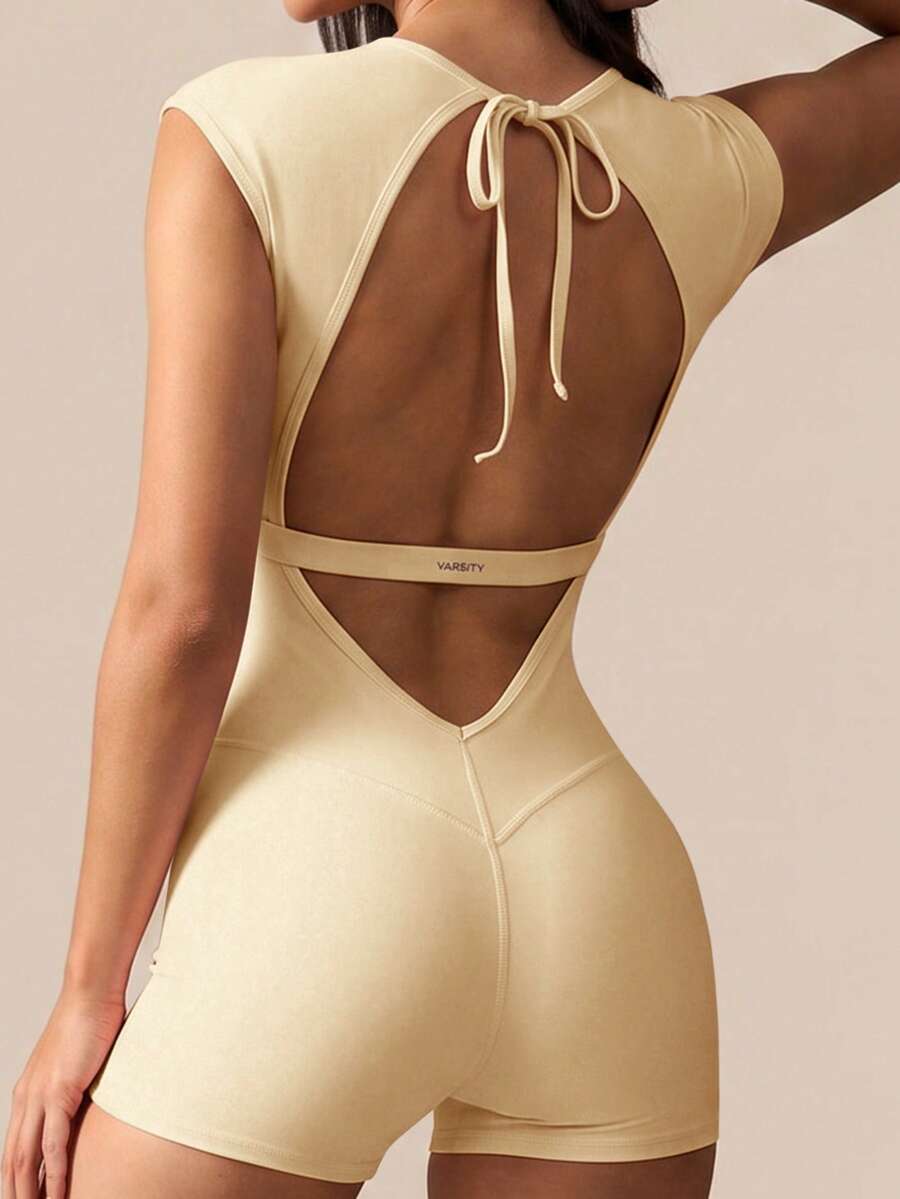 SHEIN BAE 女士极简纯色钥匙孔领露背扭结紧身运动连体衣 - 黃色 - 查看 1