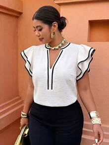 Weeklong Spring/Summer Women's Loose Casual Vacation Blouse With Ruffle Sleeves And Contrast Trim In Apricot - Light Yellow - View 4