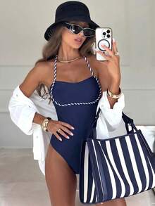Bonvoyette Women's One-Piece Swimsuit,Navy Blue Twisted Rope Halter Neck Figure-Flattering Summer Beach Holiday Pool Party,Elegant Color Block Swimwear - Multicolor - View 3