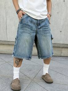 Manfinity EMRG Men's Casual Fashionable Street Bermuda Wide Leg Denim Shorts For Daily Commute, Summer - Blue - View 5
