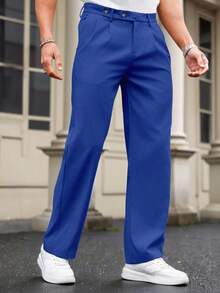 Manfinity Homme Men's Solid Color Casual Straight Leg Pants With Pockets, Versatile For Daily Wear And Travel - Royal Blue - View 5