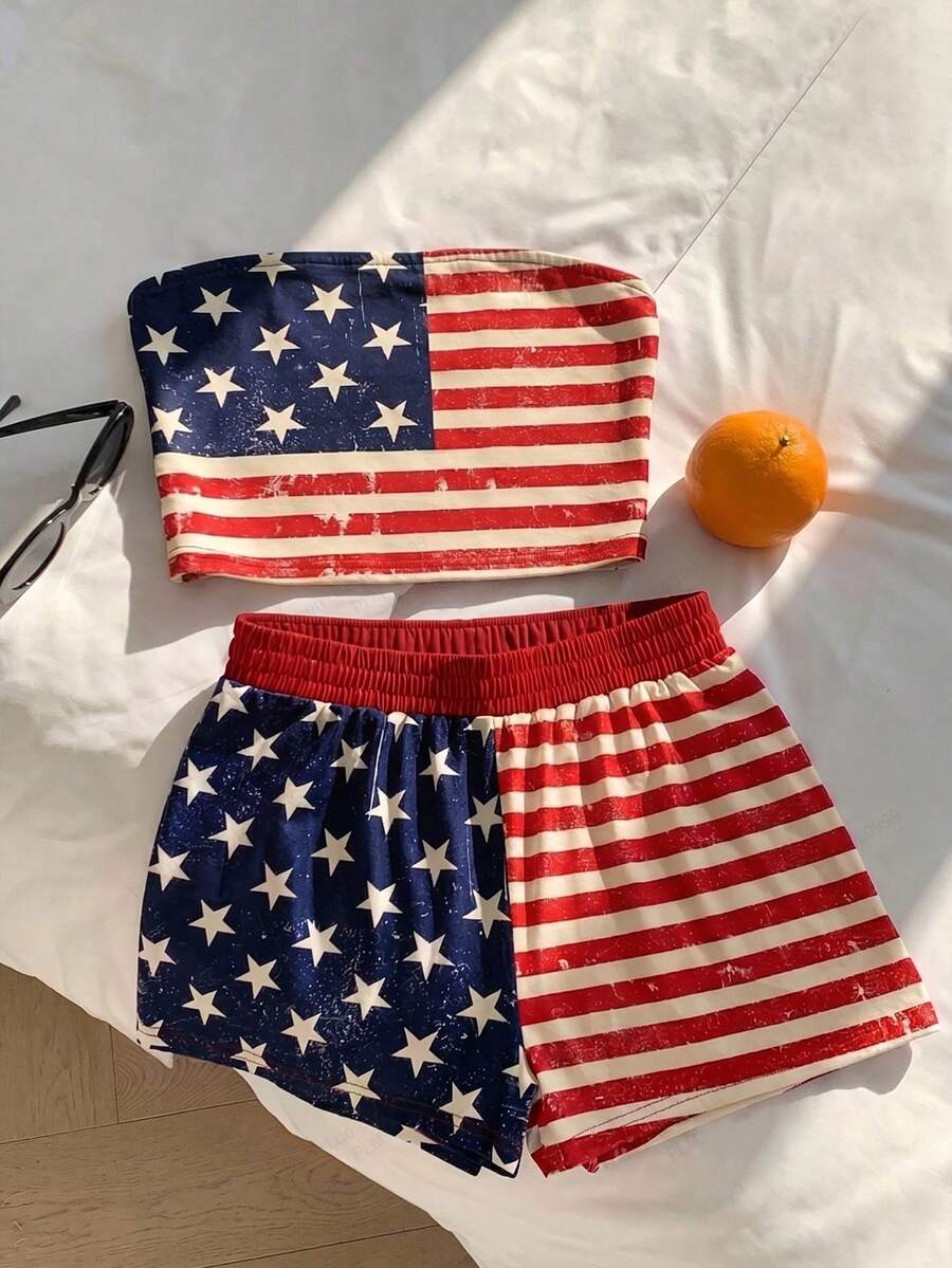 SHEIN EZwear 休閒簡約優雅通勤百搭舒適女款通勤套裝,沙灘度假夏季穿搭,抹胸上衣與短褲兩件套 - 彩色 - 查看 1