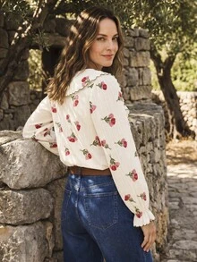 Dayvera Women's Red And White Ruffle V-Neck Long Sleeve Blouse Garden Party Vacation Autumn Tropical - Apricot - View 6