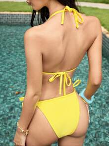 SHEIN Women's Eye-Catching Yellow Sexy Tropical Hot Girl Studded Foil Decorated Bikini Set, Slimming Beach Party Vacation Swimwear Summer - Yellow - View 2