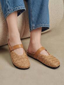 Solecia Women's Slip-On Thick Soled Mule Loafers, Casual Spring/Autumn Shoes For Christmas - Weaving grass brown - View 3