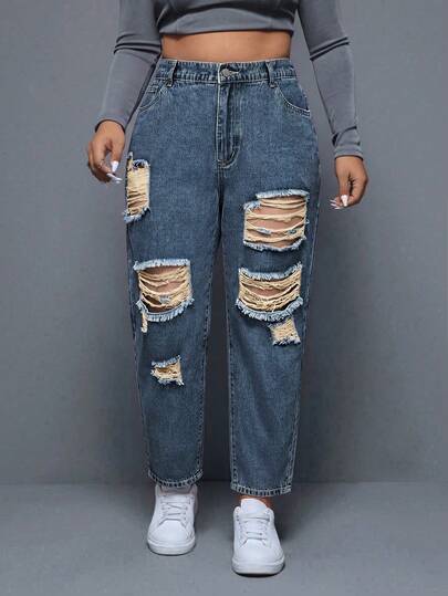 SHEIN ICON Jeans de estilo callejero de moda con diseño desgastado para mujeres de talla grande